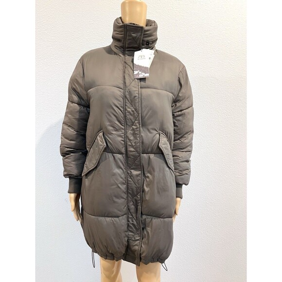 Zara Women Long Puffer Hooded Coat Jacket Ski Collection Taupe